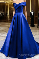 Royal Blue Satin A-Line Long Party Dresses, Simple Long Evening Prom Dresses Evening Dresses